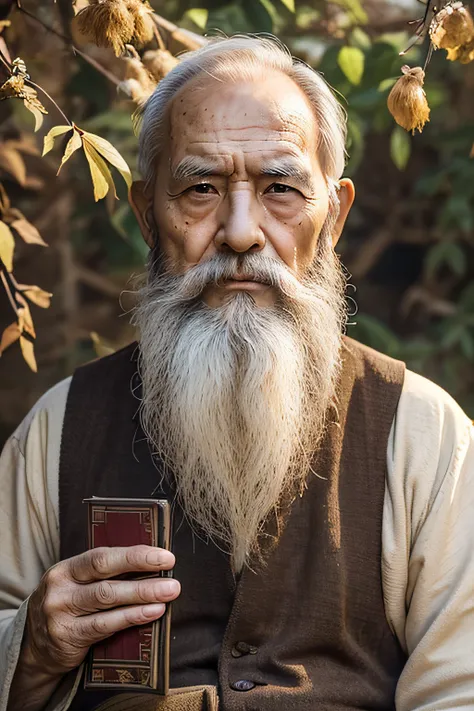 An old man with traditional Chinese thinking，Real frontal photos，Authentic background，The background is nature，Holding a book，worn-out clothing，Face full of wrinkles，80-year-old man，Wise eyes，The beard is white，male people，country style