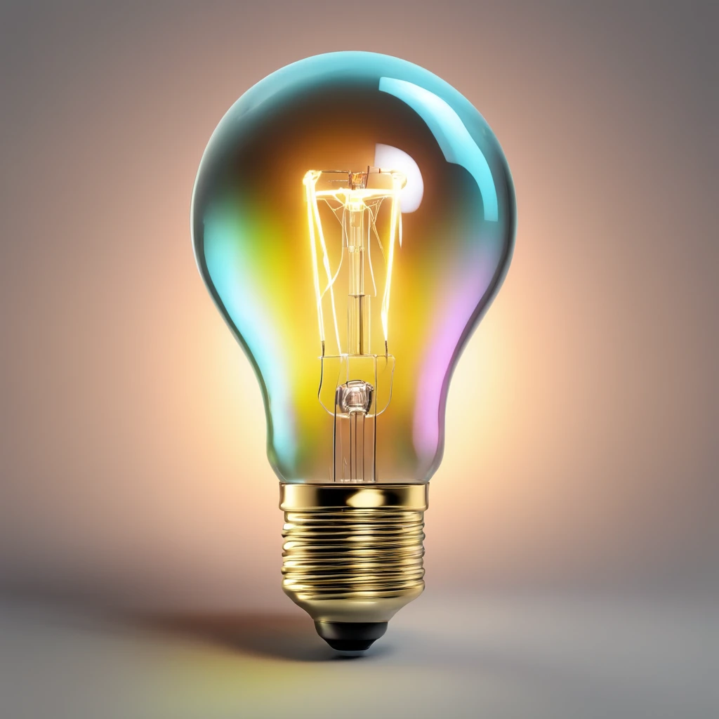 there is a light bulb that is glowing brightly on a white background, colored light, lightbulb, volumetric light ， surreal, bright iridescent light, colorful light, strong iridescent light, light bulb, refracted lighting, colourful light, refracted light, ...