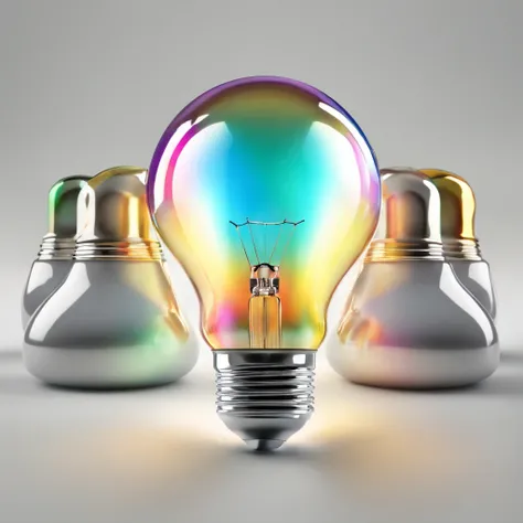 there is a light bulb that is glowing brightly on a white background, colored light, lightbulb, volumetric light ， surreal, bright iridescent light, colorful light, strong iridescent light, light bulb, refracted lighting, colourful light, refracted light, ...