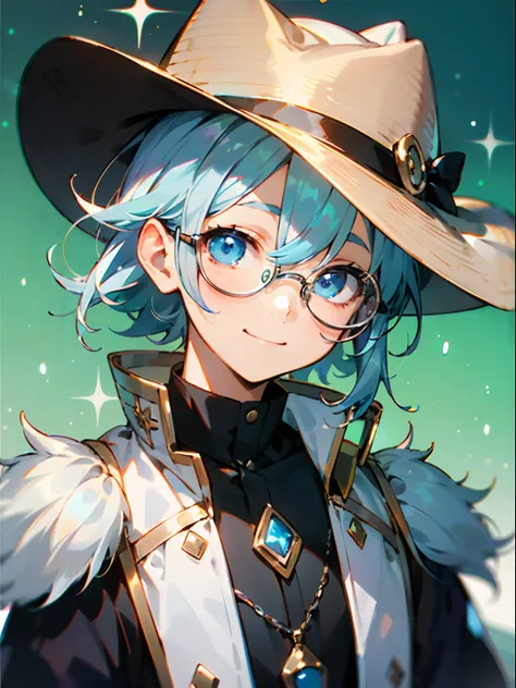 (Male child, eye glasses,blue eyess，A smile, silber hair)，独奏，cowboy  shot，Iridescent background