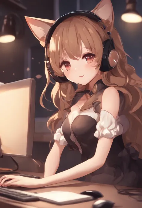 Anime girl with cat ears sitting at computer desk，There is a cat on his head, cute anime catgirl, anime girl with cat ears, beautiful anime catgirl, anime catgirl, Cute anime girl, Very beautiful anime cat girl, very beautiful cute catgirl, Cute anime styl...