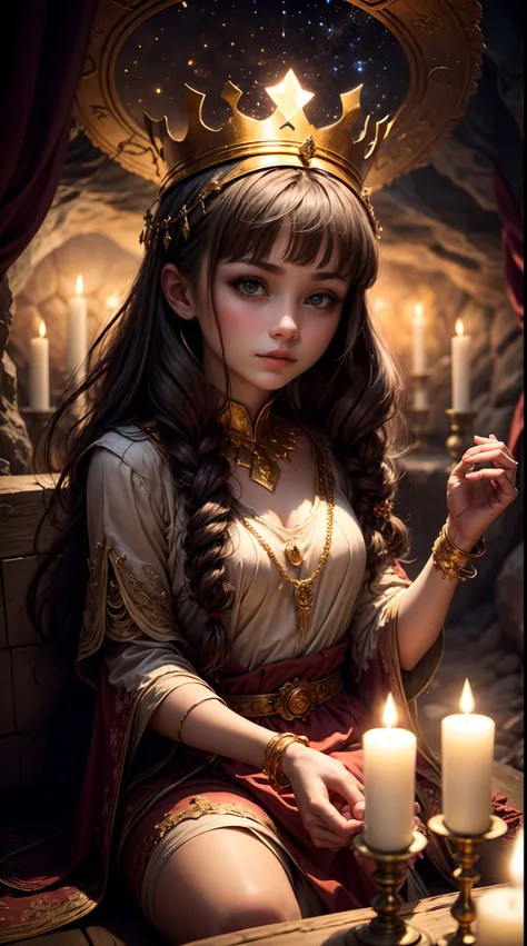 In the depths of a mystical cave, a young girl with a golden crown on her head sits surrounded by flickering candles, her outstretched hand summoning shimmering constellations of stars, as if the cave were a gateway to another dimension.