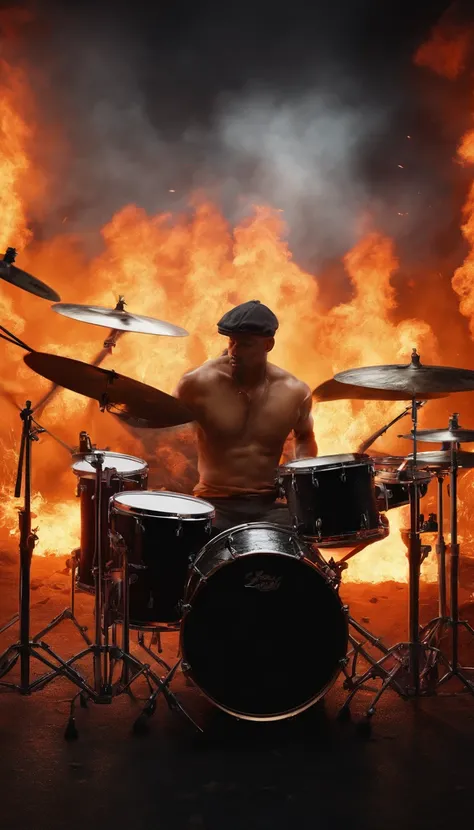 drummer, baquetas de fogo, apocalyptic background, ultra realista, 8k, Motor Unreal 5, colerful, altamente detalhado