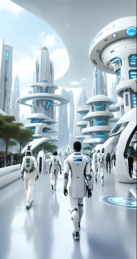 Image of Alphad walking through a futuristic city, human futuristic city, otherwordly futuristic city, in a futuristic city, futuristic dystopian city, in a scifi movie, depicted as a scifi scene, hyper-futuristic city, in fantasy sci - fi city, Utopian sc...