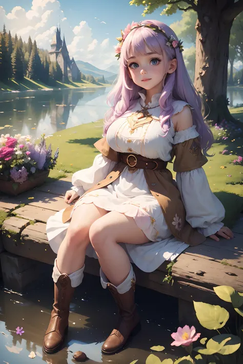 Best quality, (Masterpiece:1.2), illustration, absurderes, (1girll, Solo), (Beautiful detailed girl),, Aeolia, Lilac hair, long whitr hair, cheerfulness, cheerful big breasts, shift dresses, coat large, (fantasy:1.1) (medieval:1.1) Outfit,, White shirt, br...