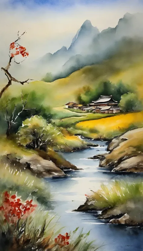 Chinese landscape painting，ink and watercolor painting，water ink，ink，Smudge，tmasterpiece，best qualityer，foreground)))It is a blooming flower on the steppe，Behind it is green grass，Endless，ink and watercolor painting，Meticulous，8k， low-saturation，Low contra...