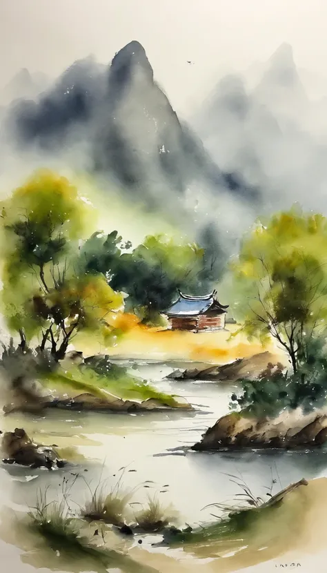 Chinese landscape painting，ink and watercolor painting，water ink，ink，Smudge，tmasterpiece，best qualityer，foreground)))It is a blooming flower on the steppe，Behind it is green grass，Endless，ink and watercolor painting，Meticulous，8k， low-saturation，Low contra...