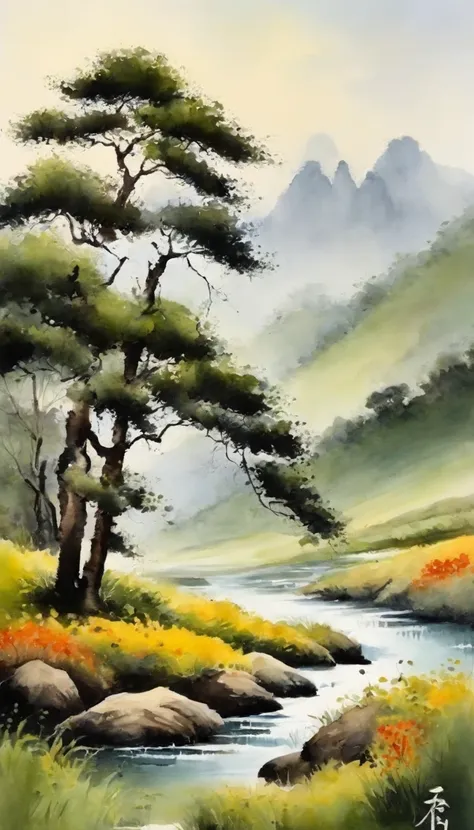 Chinese landscape painting，ink and watercolor painting，water ink，ink，Smudge，tmasterpiece，best qualityer，foreground)))It is a blooming flower on the steppe，Behind it is green grass，Endless，ink and watercolor painting，Meticulous，8k， low-saturation，Low contra...