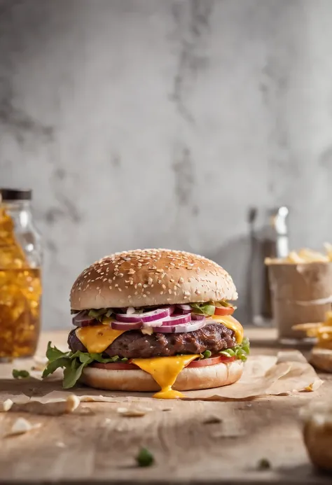 A burger falling in pieces juicy, tasty, hot, promotional photo, intricate details, hdr, cinematic, adobe lightroom, highly detailed