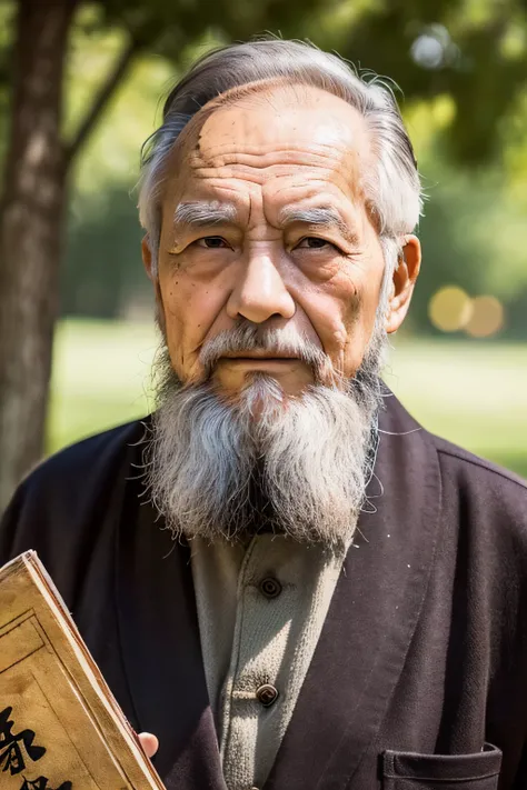 An old man with traditional Chinese thinking，Real frontal photos，Authentic background，The background is nature，Holding a book，worn-out clothing，Face full of wrinkles，80-year-old man，Wise eyes，The beard is white，male people，country style