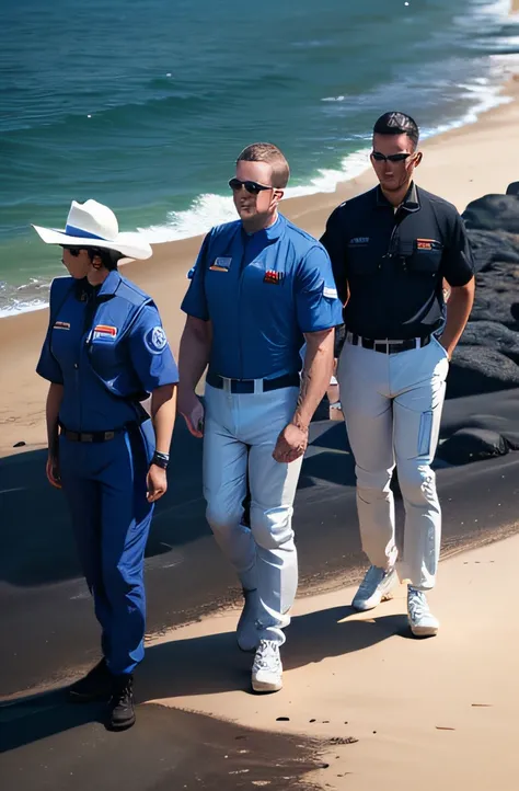 Five personnel wearing NASA uniforms stand on the island, ultra fine detailed, Adult male, Dressed in uniform, clear weather