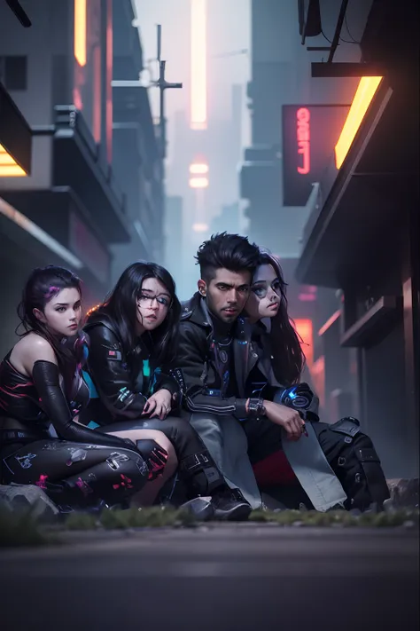 Change Background Cyberpunk group photo of boy and girl , realstic Face, 8k, ultra realstic