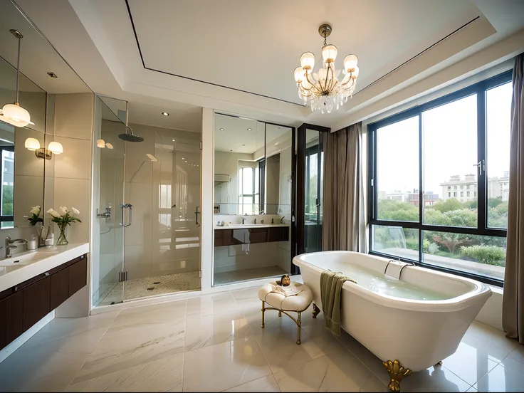 step into the bathroom of this crystal palace，the walls are inlaid with shining glass tiles，metal ornaments give off a luxurious...