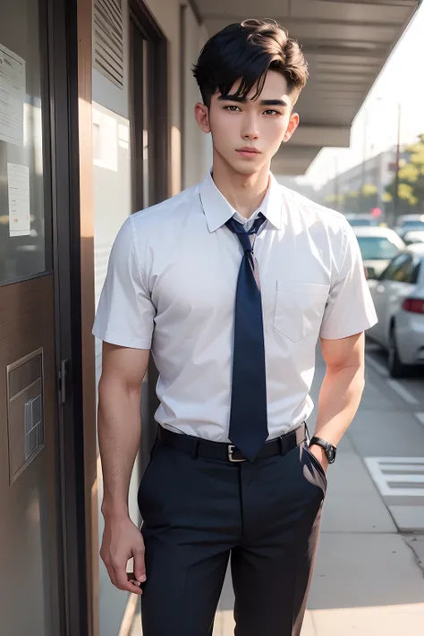 25 years old  handsome man, wearing school uniform standing. he looks like adie garcia