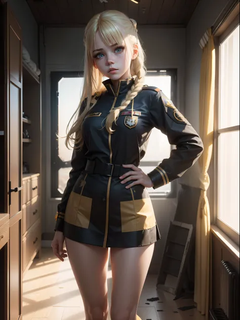 Destroyed aircraft carrier,ukrainian girl , Ukrainian anime girls , , Ukraine ,  Full body composition of young girl with messy bright blonde hair, eye make up, 13 year old,  Soft lighting, Solo,, badges, Pose, Blotch color, Octane Render, Hyperrealistic i...