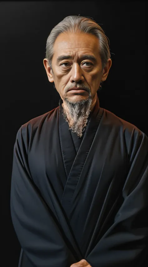 An old man，clad in robes，Face to the camera，The expression is serious，with black background。