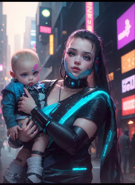 Change Background Cyberpunk pritty girl and cute baby, realstic Face, 8k, ultra realstic