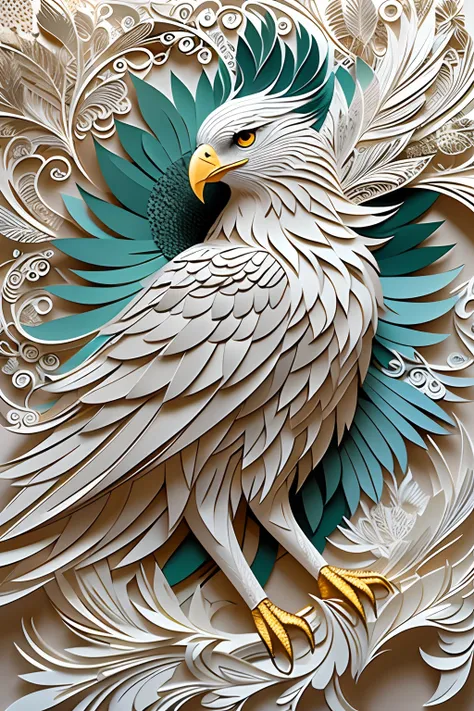 （（（arte em papel cortado，Flat paper cutout。）））A flying eagle, paper modeling art, paper art, made of paper, karol bak uhd, layered paper art, Detailed feathers and body details,  Extremely high detail, Intricate fantasy of reality, fantasy. Intricate, Intr...