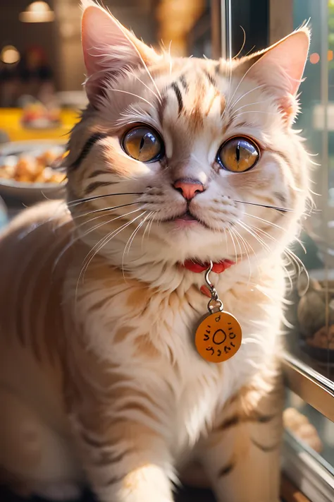 A round-eyed meow smiles, Selling chicken rice in restaurants.Sunlight outside the window.