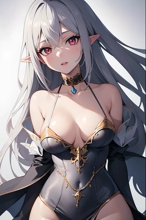 1girl, anime, cute girl, elf, blank background, white background, fantasy, detailed dark fantasy dress with highlights, beautiful face, beautiful eyes, dark colors, medium breasts, slight cleavage, beautiful skin, cute, silver hair, red eyes, breast curtai...