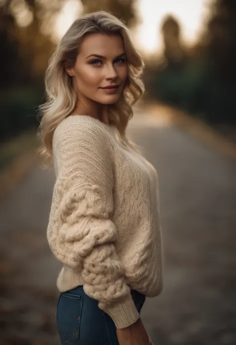 Portrait of a model woman with blond hair in a warm designer sweater, in the style of branded clothing, With the sweater in full view, Panasonic GH5, happy expressions, low key image, sharp texture - Image #2 @SlengSleng