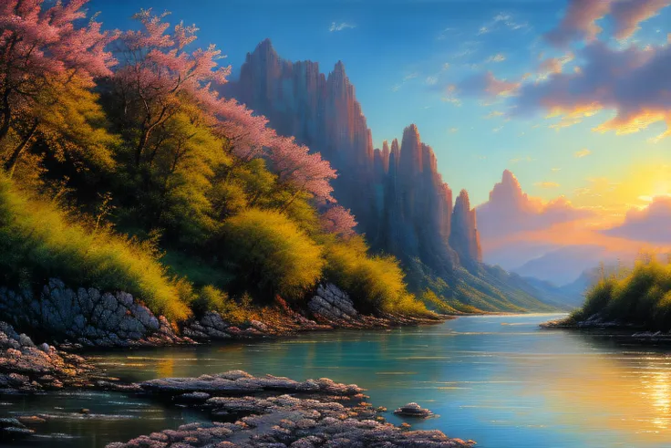 Landscape inside the earth, mer cristalline bleu cobalt, Petite barque,fleurs, barque sur leau, Eau cristalline, coucher du soleil, ,(Highly detailed CG Unit 8k wallpaper), The most beautiful work of art in the world, Professional majestic oil painting, co...