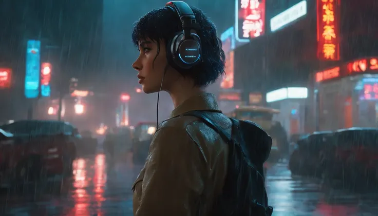 Anime art of ghost in the Shell girl listening song on headphone in heavy rain, detailed scene, red, perfect face, intricately detailed photorealism, trending on artstation, neon lights, rainy day, stunning full body anime art