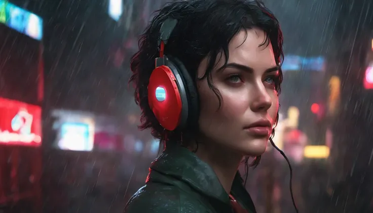 Anime art of ghost in the Shell girl listening song on headphone in heavy rain, detailed scene, red, perfect face, intricately detailed photorealism, trending on artstation, neon lights, rainy day, stunning full body anime art