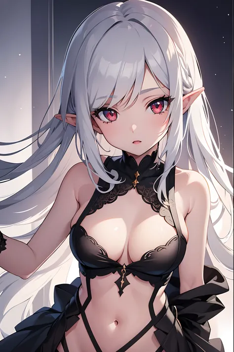 1girl, anime, cute girl, elf, blank background, white background, fantasy, detailed dark fantasy dress with highlights, beautiful face, beautiful eyes, dark colors, medium breasts, slight cleavage, beautiful skin, cute, silver hair, red eyes, breast curtai...