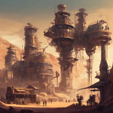 Steampunk huge city factory in the desert, (beste-Qualit, tmasterpiece:1.3), Very detailed fantasy illustration,