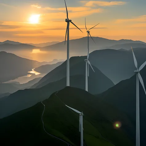 In the foreground is a view of a mountain peak of a wind turbine, turbines, Wind turbines, renewable energy, author：Yang Borun, author：Jürg Kreienbühl, Chiba Yuda, award - winning shot, award-winning shot, Winner of the 2021 competition, awe - inspiring aw...