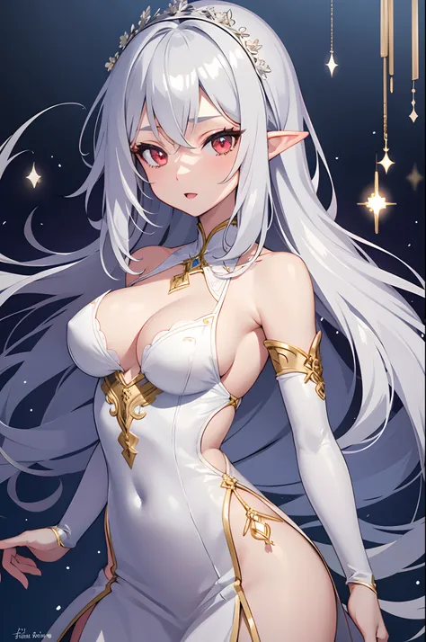 1girl, anime, cute girl, elf, blank background, white background, fantasy, detailed dark fantasy dress with highlights, beautiful face, beautiful eyes, dark colors, medium breasts, slight cleavage, beautiful skin, cute, silver hair, red eyes, breast curtai...