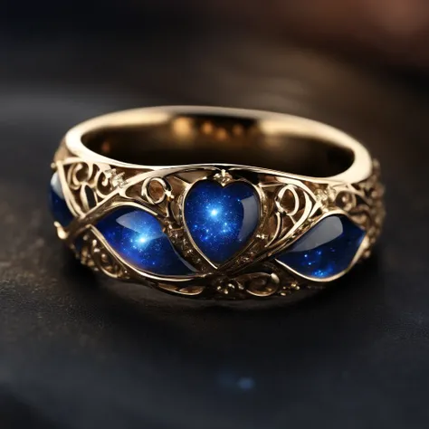 A metal ring, forged from the heart of a dying star, glows with an ethereal, otherworldly radiance. Its surface shimmers with a deep, cosmic blue, as if holding the secrets of the universe within. Swirling patterns of stardust dance across its smooth, poli...