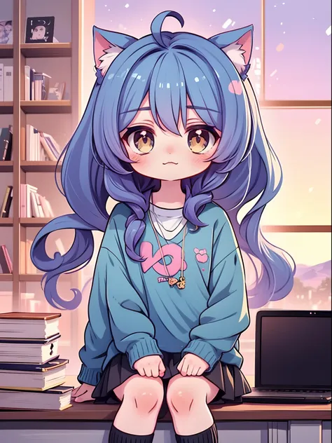 Cat-eared anime girl sitting at computer desk，There is a cat on his head, cute anime catgirl, anime girl with cat ears, beautiful anime catgirl, anime catgirl, Cute anime girl, Very beautiful anime cat girl, very beautiful cute catgirl, Cute anime style, s...