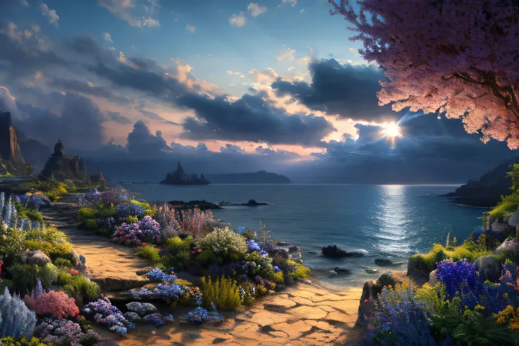 Landscape inside the earth, mer cristalline bleu cobalt,fleurs, Eau cristalline, coucher du soleil, ,(Highly detailed CG Unit 8k wallpaper), The most beautiful work of art in the world, Professional majestic oil painting, complexe, High detail, mise au poi...