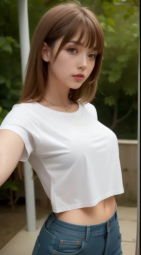 girl  max caulfield  ,brown hair ,  ,. red lips ,long hair , , selfie , depth of field, 
 ,    no smiling ,,, white t-shirt and jeans ,looking at viewer,  at the zoo