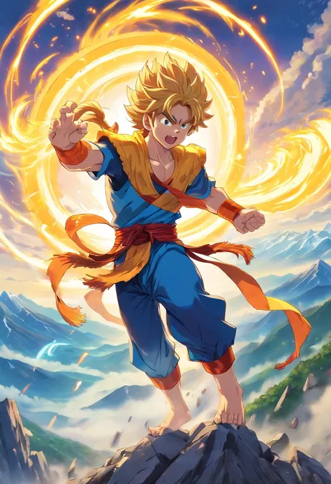 Detailed artwork of the Monkey King unleashing immense energy at the top of the mountain as a Super Saiyan. Blue and yellow energy.