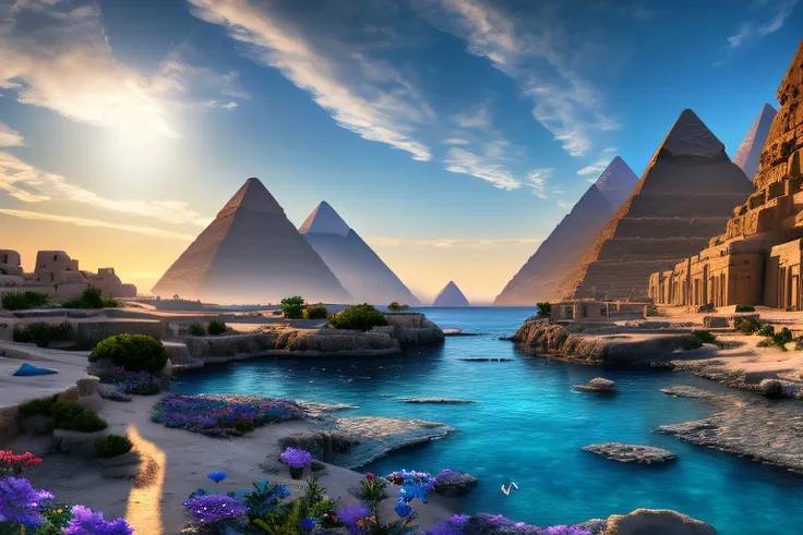 Landscape inside the earth,Egypte, mer cristalline bleu cobalt,fleurs, Eau cristalline, coucher du soleil, ,(Highly detailed CG Unit 8k wallpaper), The most beautiful work of art in the world, Professional majestic oil painting, complexe, High detail, mise...