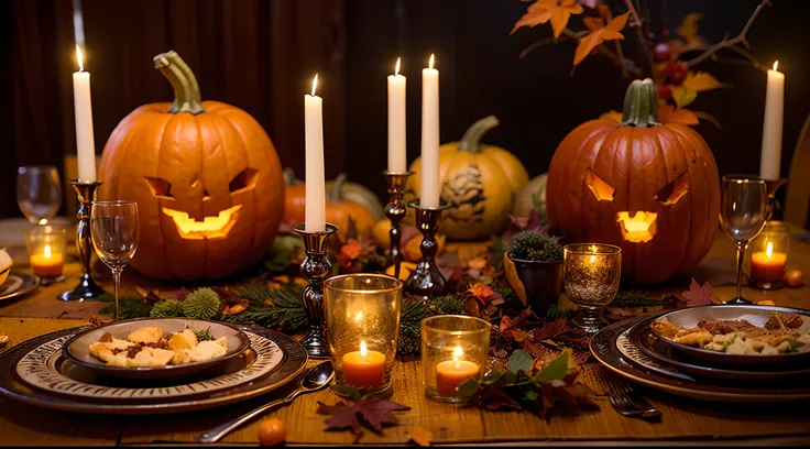 (High quality:1.2), Vibrant colors, cosy atmosphere, Warm lighting, Spooky elements, Delicious food, Elegant table setting, Carved pumpkin, Decorative candles, Autumn leaves, Festive decorations, celebration costume, joyous laughter, happily face, Creative...