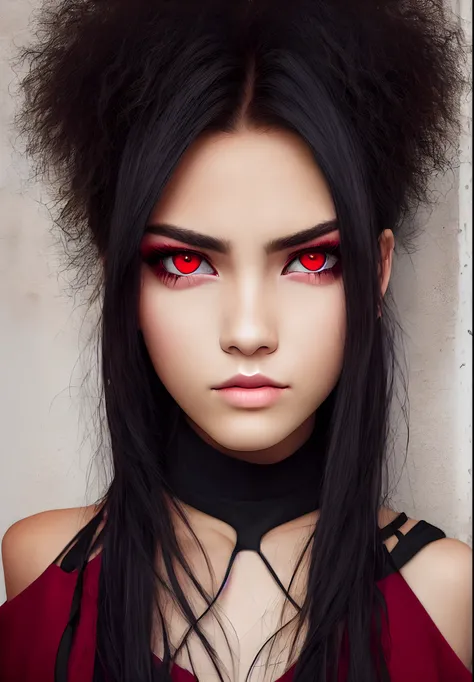 Black hair, red eyes