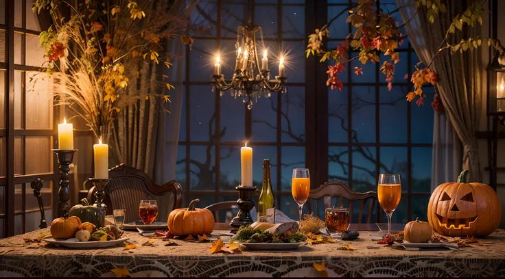 autumn night、Halloween Party Dining Table、Very realistic, Photography, One-person viewpoint, Super Detail, high detailing, High quality, in 8K