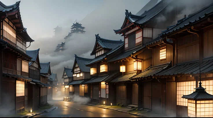 Medieval Japanese city, stalls, houses, ambient lighting,(( dense fog))