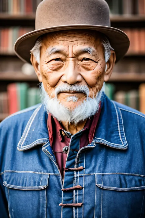 An old man with traditional Chinese thinking，Real frontal photos，Authentic background，The background is nature，holding books，worn-out clothing，Face full of wrinkles，80-year-old man，Wise eyes，The beard is white，male people，country style