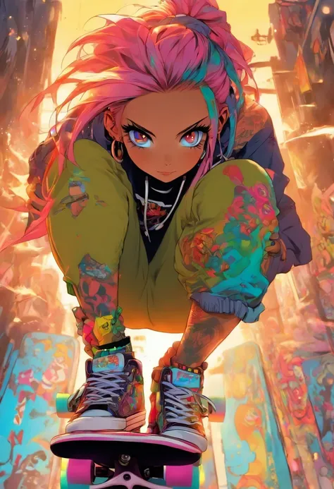 The most beautiful and sexy skateboard girl, rainbow colored hair, yellow eyes, wearing hoodie, graphic t-shirt, torn skinny jeans and highly detailed skateboard gear, tons of tattoos and piercings, highly detailed background, perfect masterpiece, high qua...