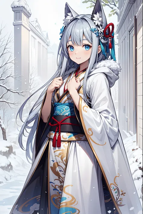 saints，divino，having fun，(Pure white Hanfu winter coat:1.3)，Long socks，mitts，Large long dress，(Outer cotton coat:1.3 )，(Silvery hair:1.2)，eBlue eyes，(Many ornaments made of ice:1.1)，super ultra detail，Colorful patterns adorn the skirt，(Light blue edges)，Ma...