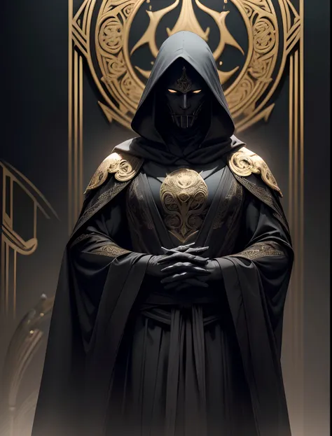 Tall mysterious man，Wearing a black robe，Handsome appearance, The robe has a golden tree pattern，There was fog everywhere, cabelos preto e longos,, With an aura of darkness and mystery, Shadows and darkness, Cosmic aura,Alien ancient building in black reli...