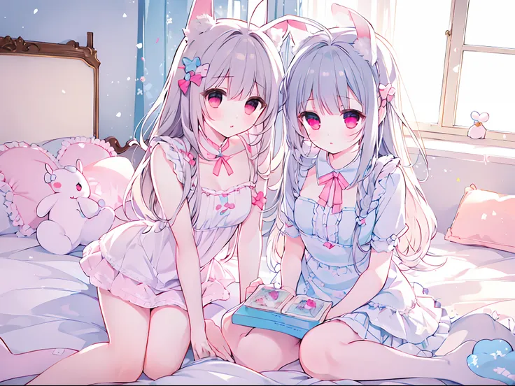 beautiful illustration, best quality, cute girl, bedroom, pastel color, fluffy bunny ears, petite, silver long hair, rabbit stuf...