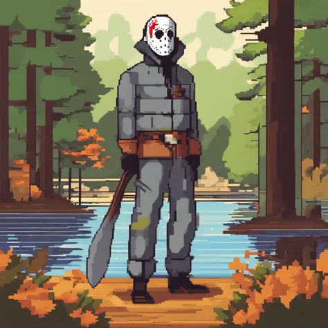 Jason Voorhees verkleidet als Mister Kartoffelkopf im Pixar Stil mit einer Machete die in seinem Kopf steckt, stands by a lake in the woods, holding a sign that reads "Good luck and best wishes" best quality, (Meisterwerk:1.35), Teppich, (Illustration), Or...