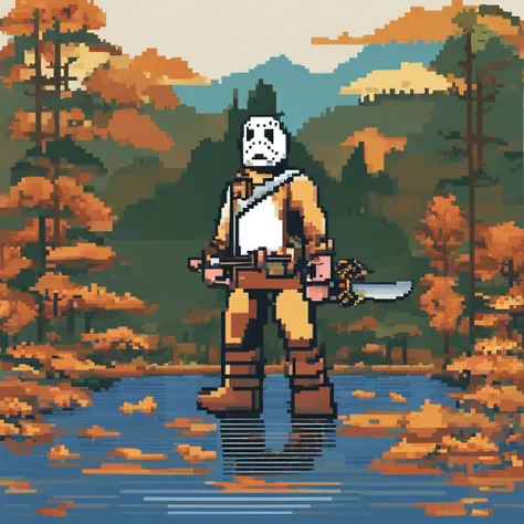 Jason Voorhees verkleidet als Mister Kartoffelkopf im Pixar Stil mit einer Machete die in seinem Kopf steckt, stands by a lake in the woods, holding a sign that reads "Good luck and best wishes" best quality, (Meisterwerk:1.35), Teppich, (Illustration), Or...