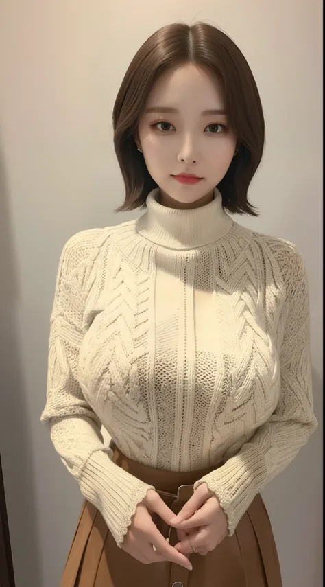 a K-pop idol wearing a turtle neck sweater,
(((masterpiece))), ((best quality)), ((intricate detailed)), ((Hyperrealistic)), absurd res, milf, mature woman, perspective, highly detailed, illustration, 1girl, ((large breasts)), perfect hands, detailed finge...